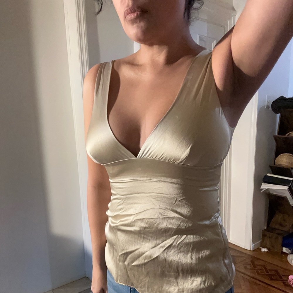 100% Silk J Crew champagne tank top with plunging neck